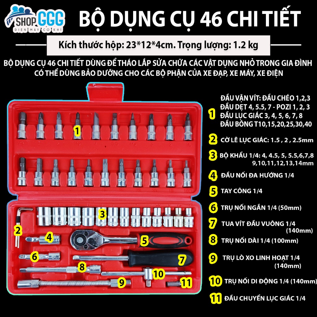 [HÀNG CAO CẤP] Bộ dụng cụ sửa chữa đa năng 46 chi tiết Tháo mở ốc vít bu lông sữa chữa ô tô xe máy đồ gia dụng