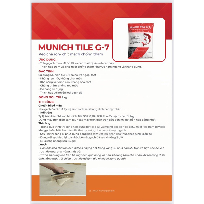 Keo Chà Ron - Chít Mạch - Chống Thấm Munich Tile G-7 , Túi 1kg , đa dạng mầu