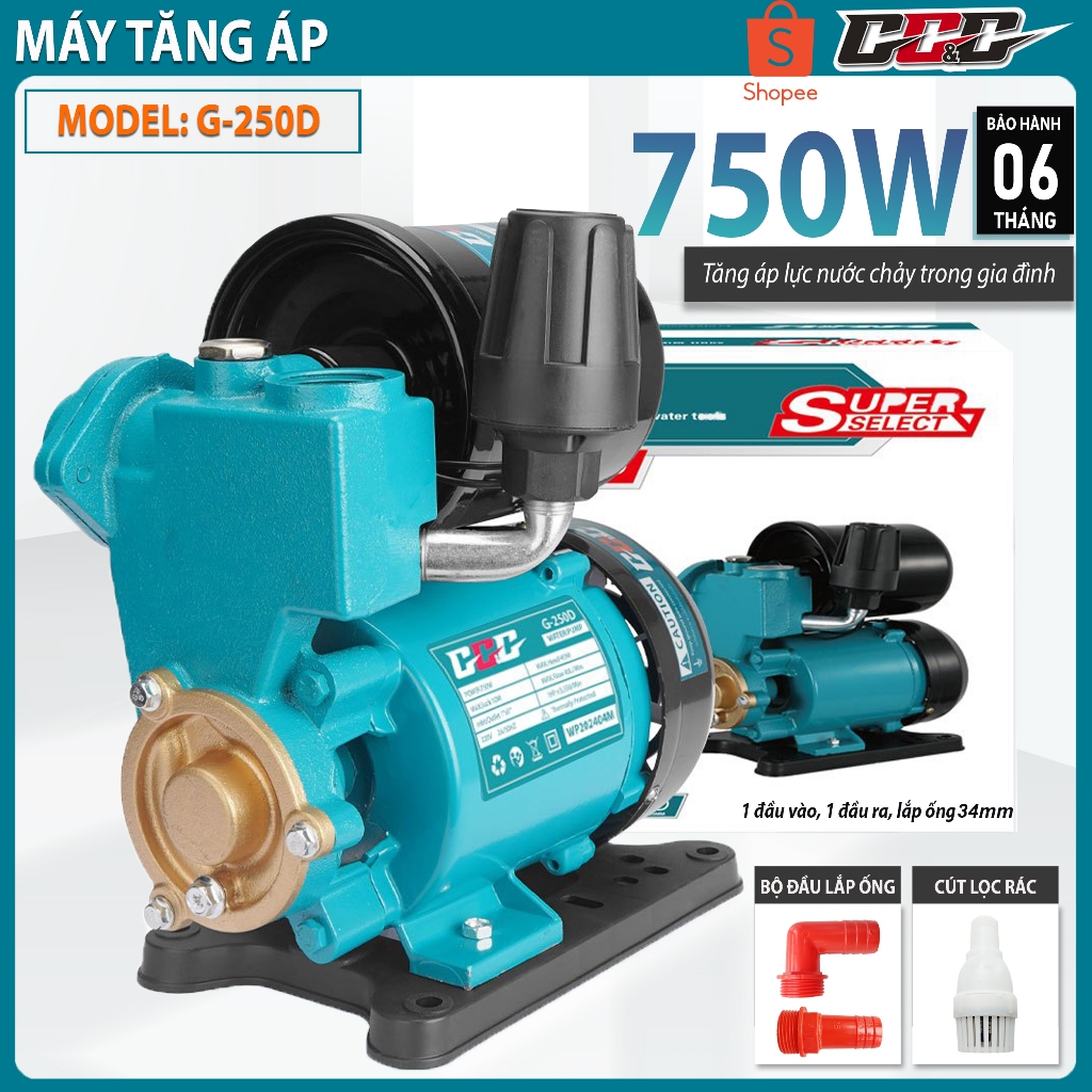 Máy bơm tăng áp, cao áp GGG - G250D 750W, đóng ngắt tự động, thương hiệu Thái Lan, máy chính hãng Bảo Hành 06 tháng