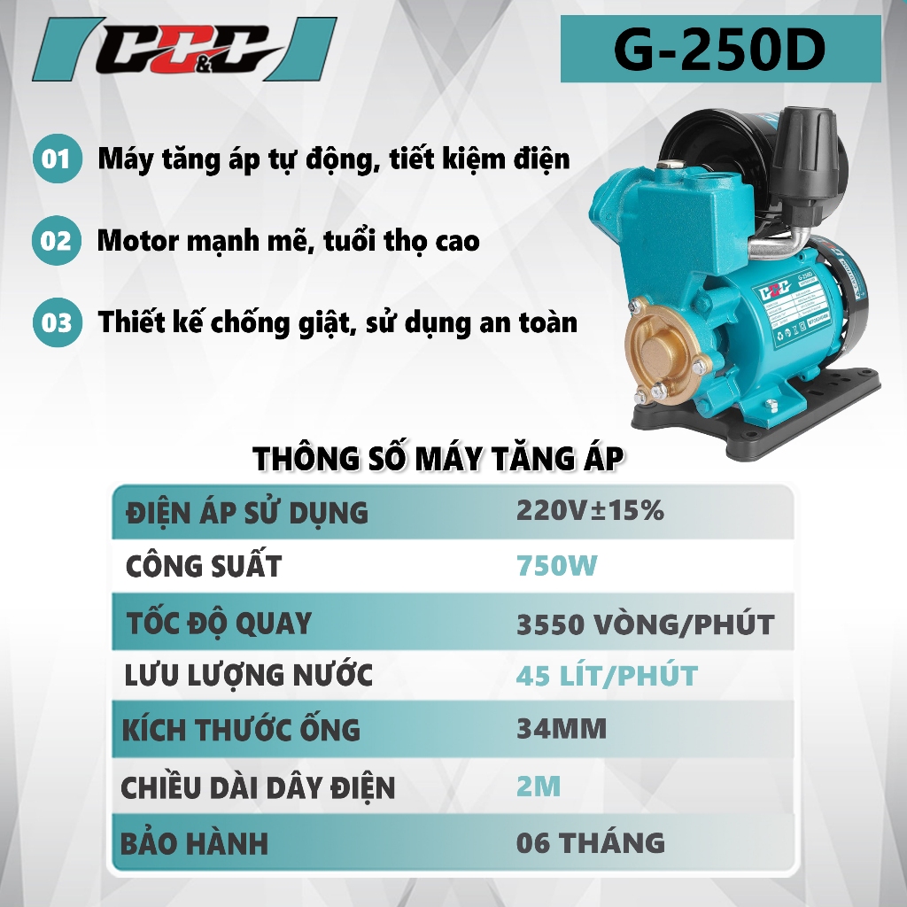 Máy bơm tăng áp, cao áp GGG - G250D 750W, đóng ngắt tự động, thương hiệu Thái Lan, máy chính hãng Bảo Hành 06 tháng