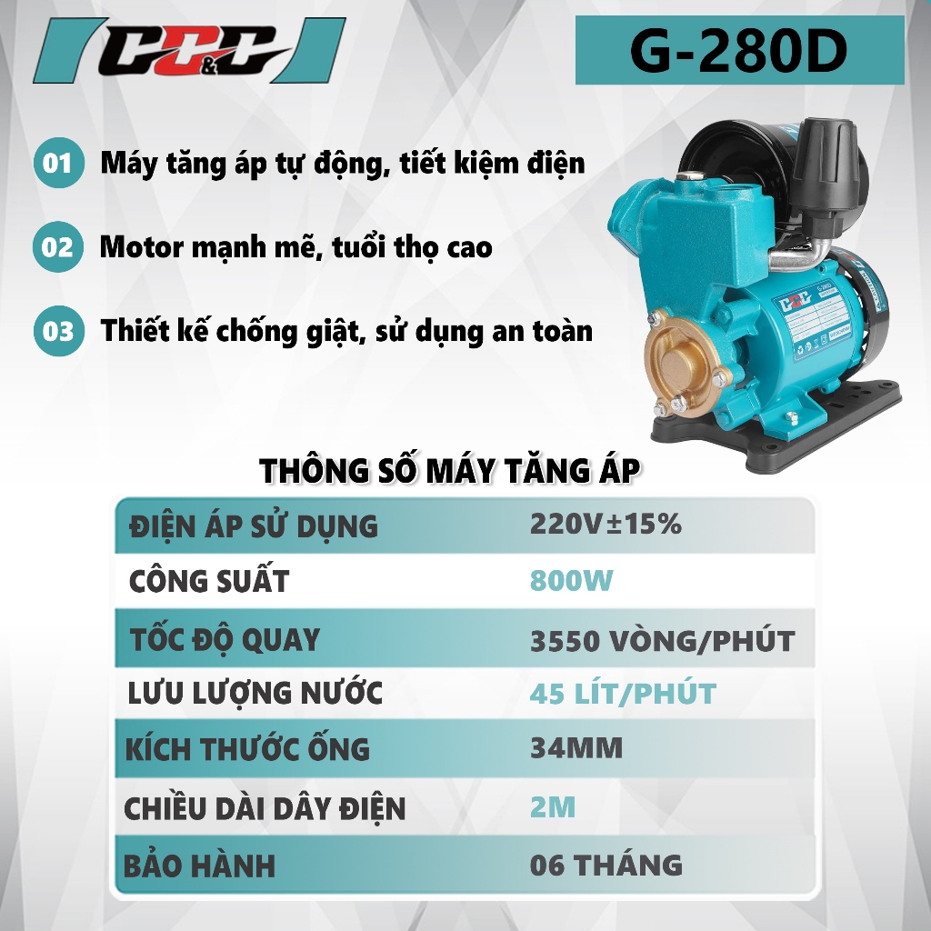 Máy bơm tăng áp, cao áp GGG - G250D 750W, đóng ngắt tự động, thương hiệu Thái Lan, máy chính hãng Bảo Hành 06 tháng