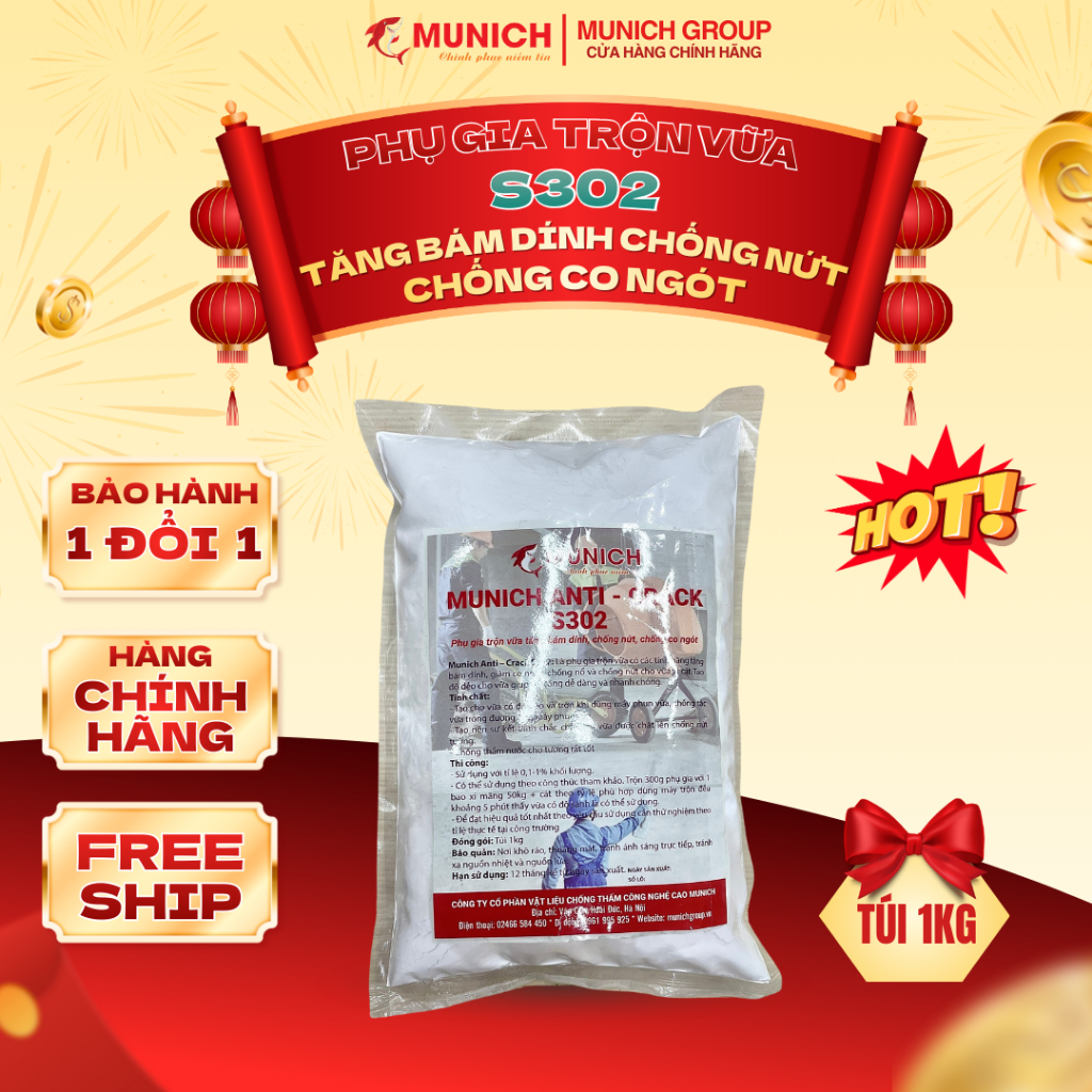 Munich Anti - Crack S302 - Phụ gia trộn vữa tăng bám dính chống nứt chống co ngót - Túi 1kg