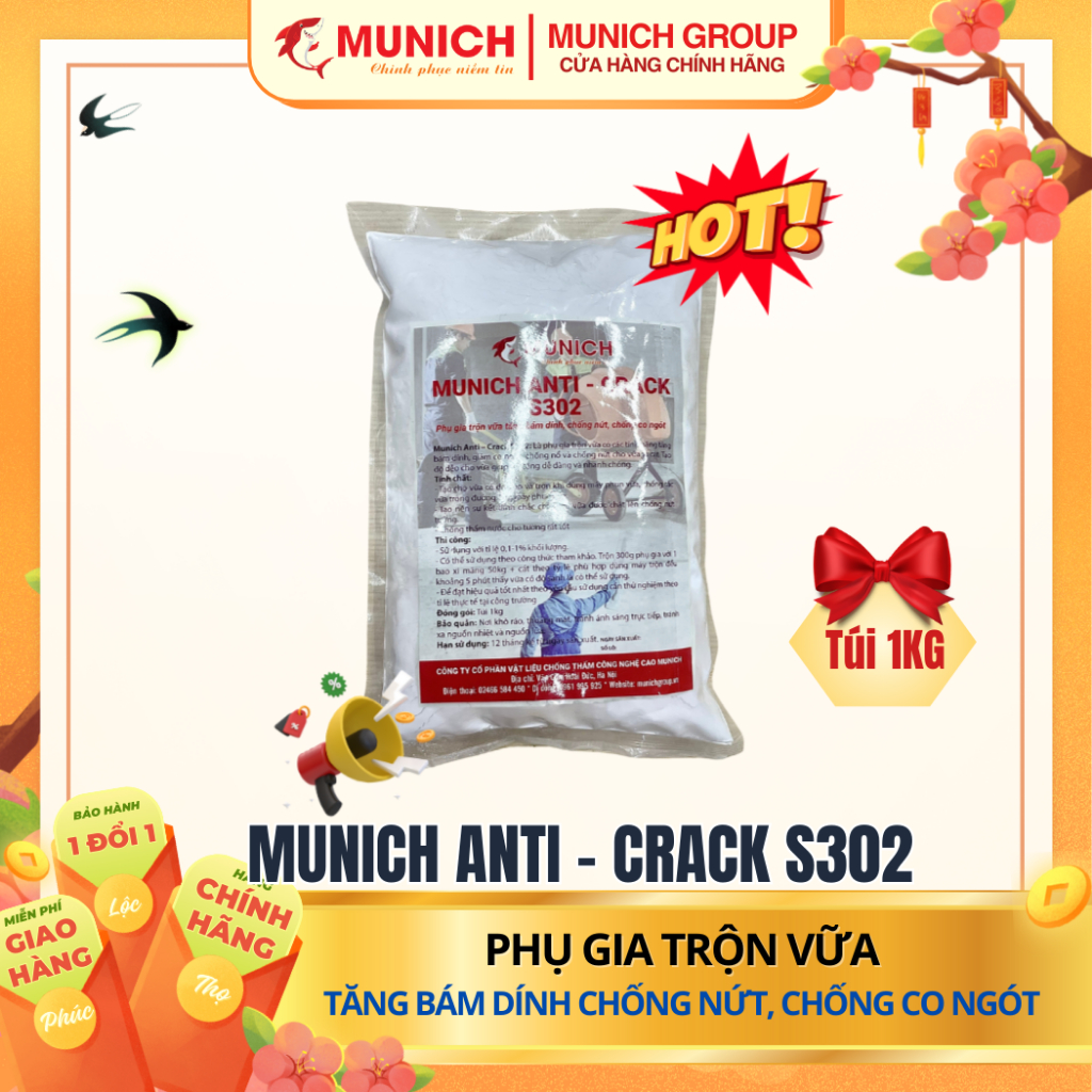 Munich Anti - Crack S302 - Phụ gia trộn vữa tăng bám dính chống nứt chống co ngót - Túi 1kg