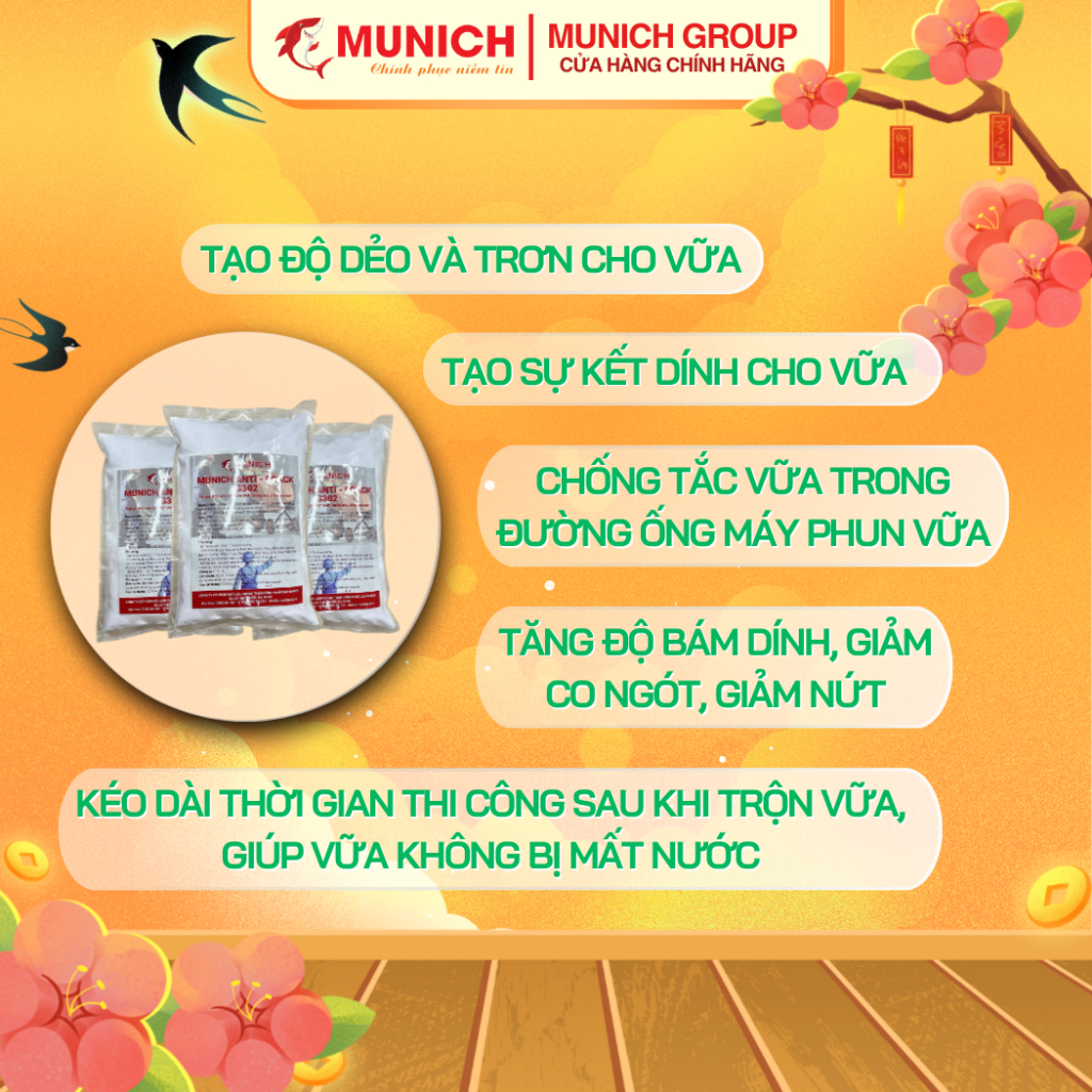 Munich Anti - Crack S302 - Phụ gia trộn vữa tăng bám dính chống nứt chống co ngót - Túi 1kg