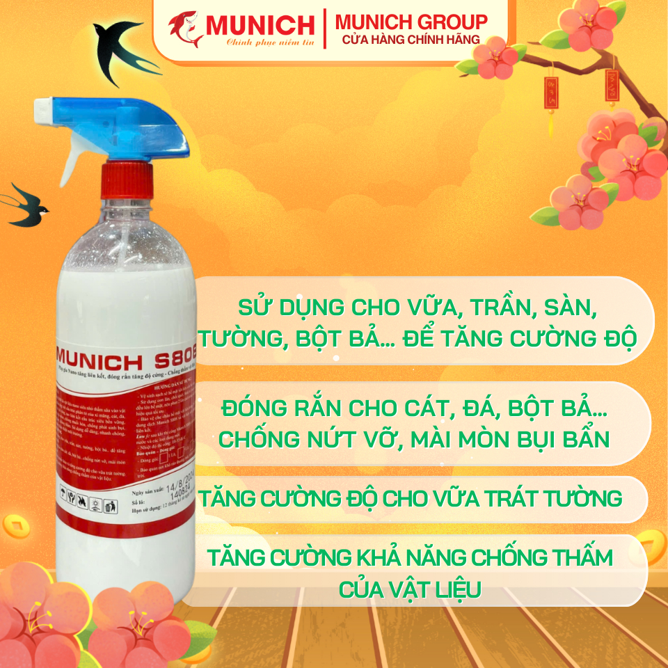 MUNICH S808 - Phụ gia Nano tăng độ cứng, liên kết, đóng rắn, chống Muối hoá, chống Rộp Bong Chóc [Dùng cho TƯỜNG và SÀN]