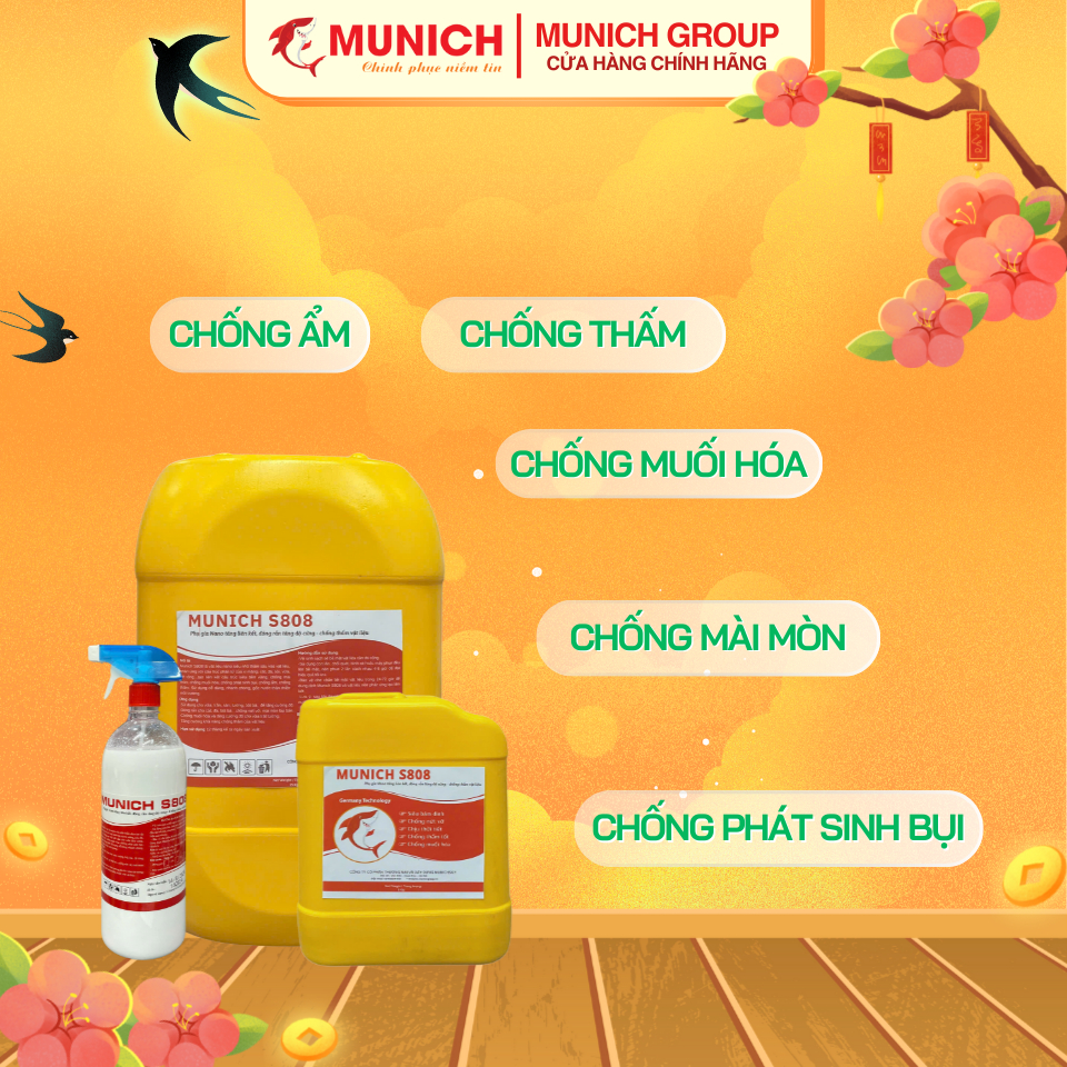 MUNICH S808 - Phụ gia Nano tăng độ cứng, liên kết, đóng rắn, chống Muối hoá, chống Rộp Bong Chóc [Dùng cho TƯỜNG và SÀN]