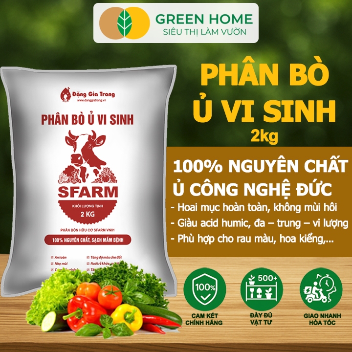 Phân Bò Ủ Vi Sinh GreenHome, Sfarm, Bao 2kg, Bổ Sung Dinh Dưỡng Đa, Trung, Vi Lượng Và Acid Humic