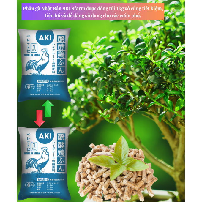 Phân Gà Viên Nhật Bản AKI - Loại 1KG Dùng Cho Tất Cả Các Loại Cây, Phù Hợp Với Các Giai Đoạn Của Cây