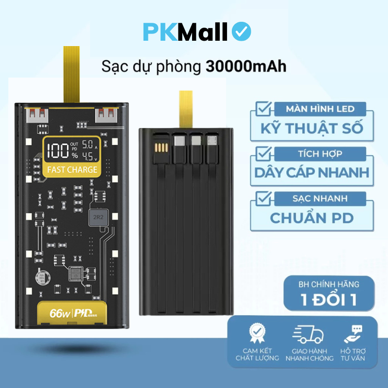 Sạc dự phòng 20000 30000MAH sạc nhanh PD120W/20W trong suốt tích hợp 4 dây sạc tích hợp đèn led SP1