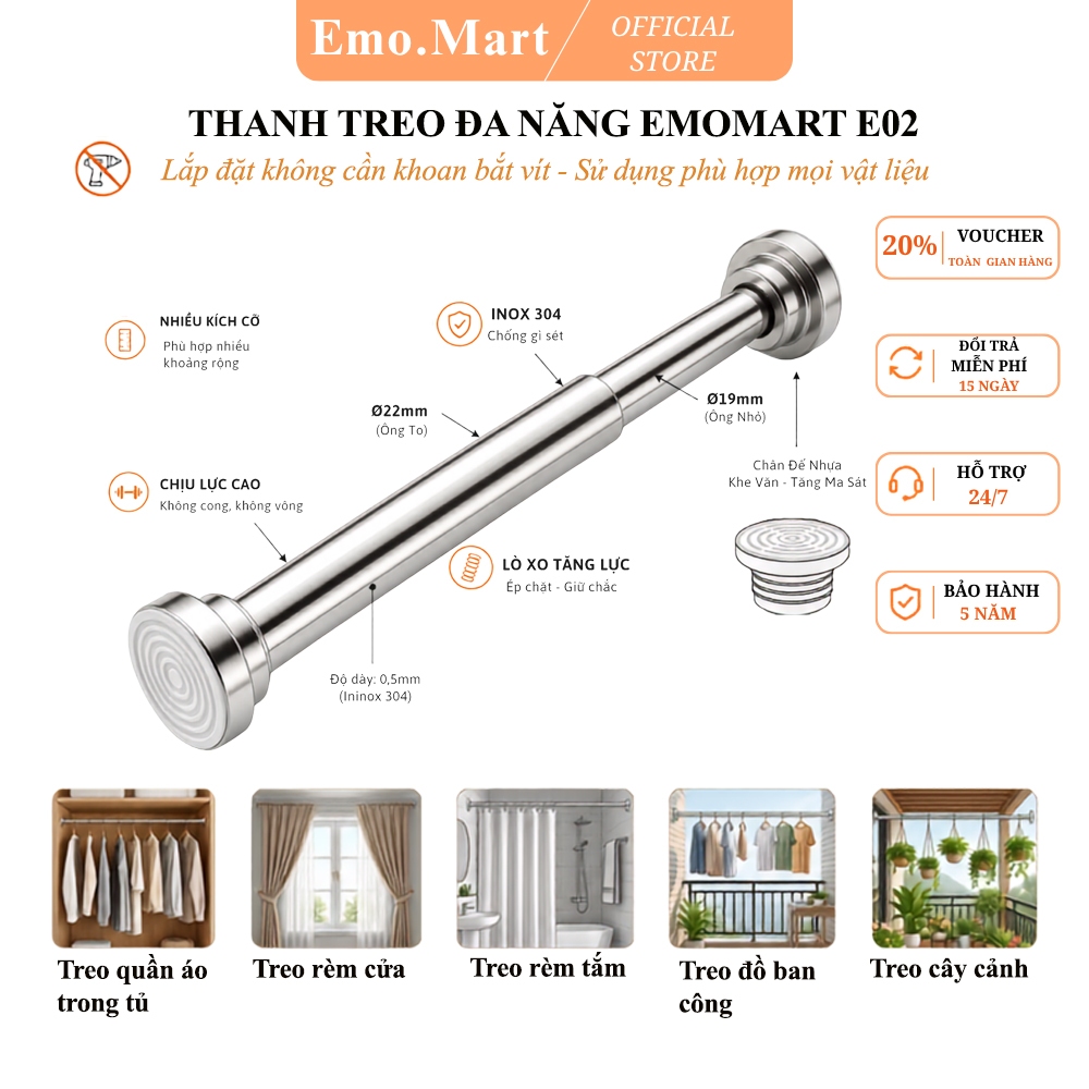 Thanh Treo Đa Năng EMOMART E02, Inox 304 không rỉ toàn thanh, Lắp đặt không cần khoan bắt vít