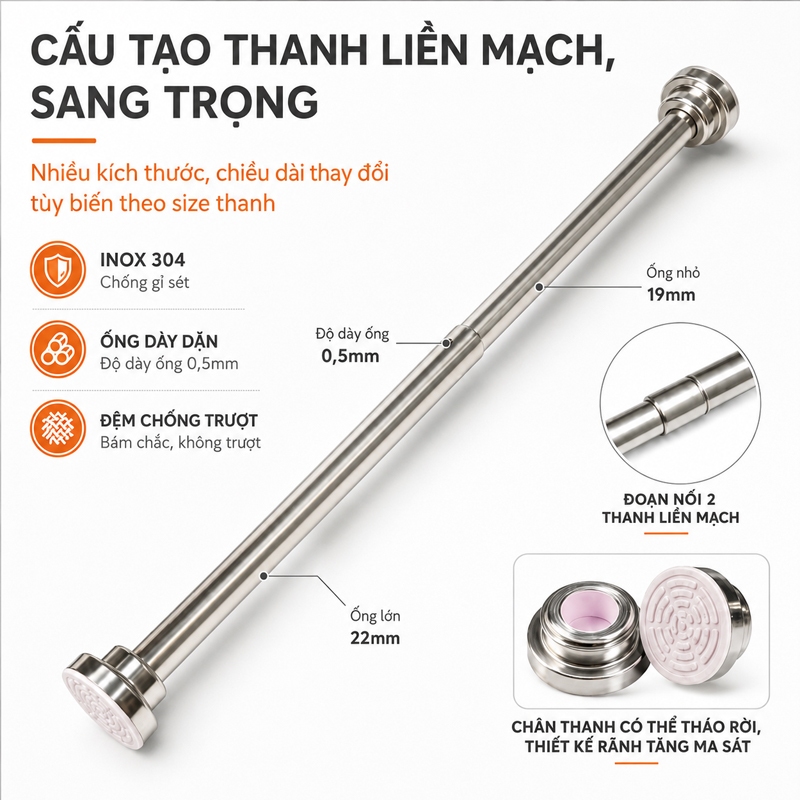 Thanh Treo Đa Năng EMOMART E02, Inox 304 không rỉ toàn thanh, Lắp đặt không cần khoan bắt vít