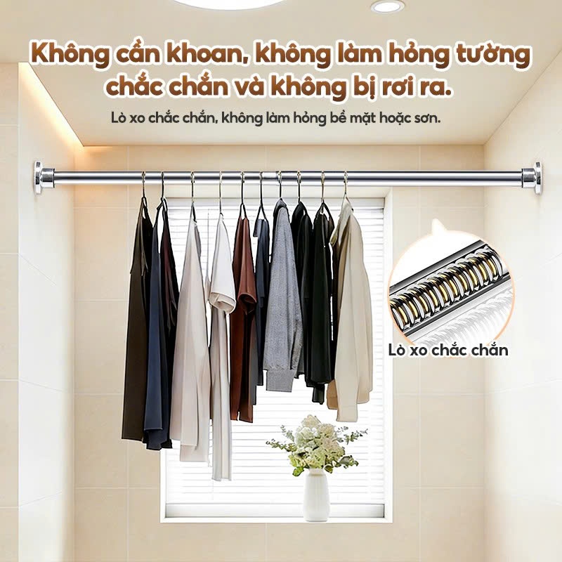 Thanh Treo Đa Năng EMOMART E02, Inox 304 không rỉ toàn thanh, Lắp đặt không cần khoan bắt vít