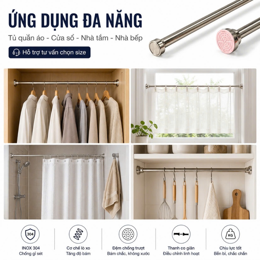 Thanh Treo Đa Năng EMOMART E02, Inox 304 không rỉ toàn thanh, Lắp đặt không cần khoan bắt vít