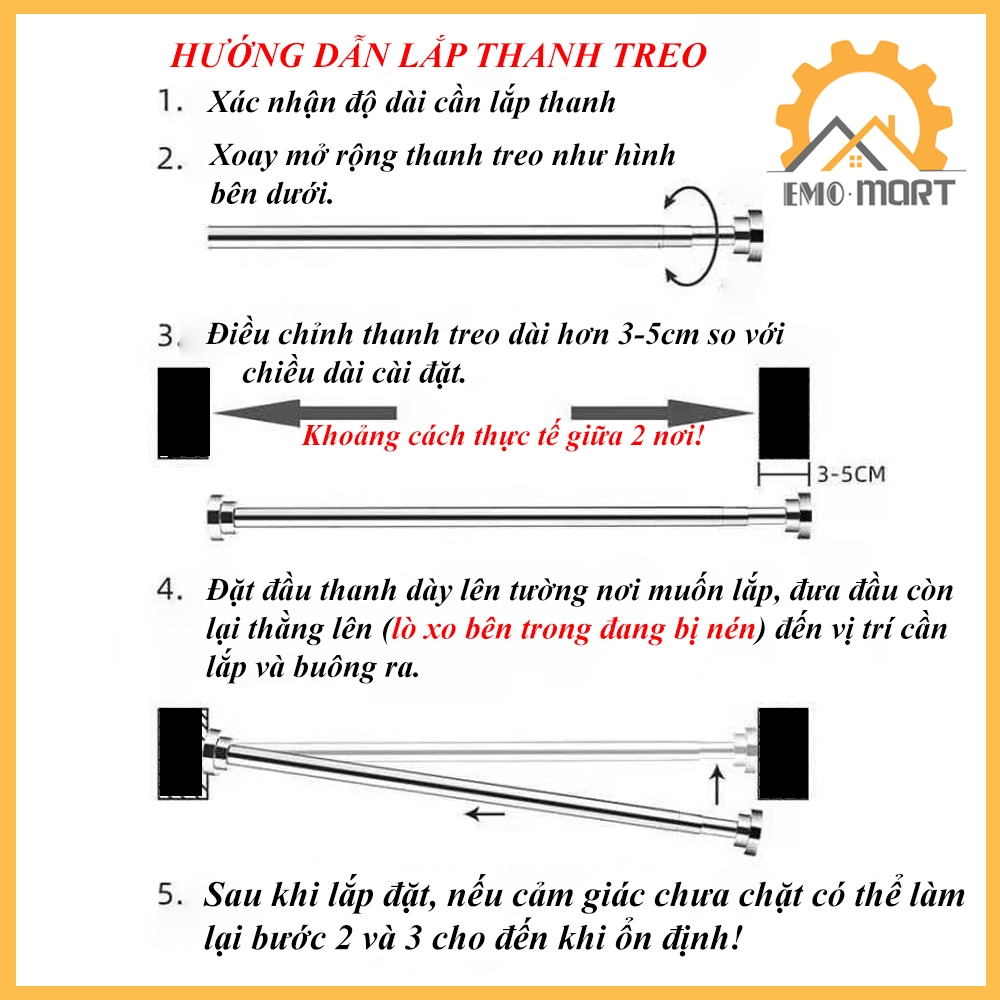 Thanh Treo Đa Năng EMOMART E02, Inox 304 không rỉ toàn thanh, Lắp đặt không cần khoan bắt vít