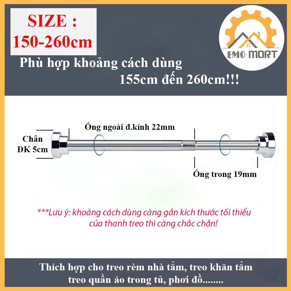 Thanh Treo Đa Năng EMOMART E02, Inox 304 không rỉ toàn thanh, Lắp đặt không cần khoan bắt vít