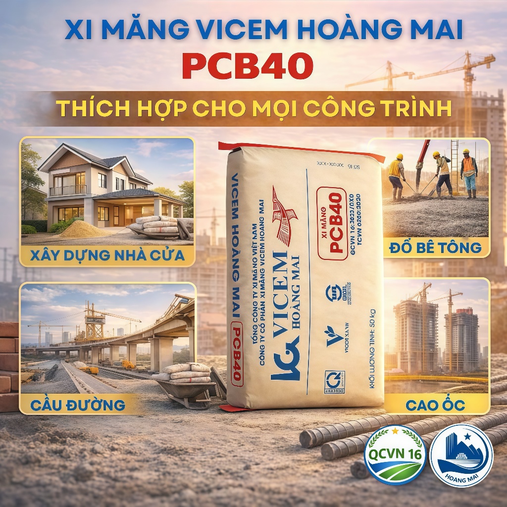 Xi Măng PCB40 Vicem Hoàng Mai 50kg – Xi Măng Xây Dựng, Đổ Bê Tông, Công Trình Chất Lượng Cao
