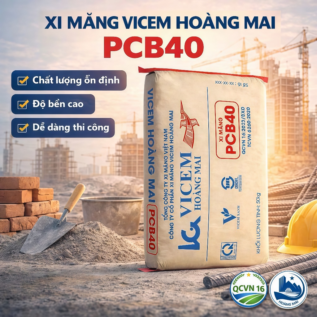 Xi Măng PCB40 Vicem Hoàng Mai 50kg – Xi Măng Xây Dựng, Đổ Bê Tông, Công Trình Chất Lượng Cao